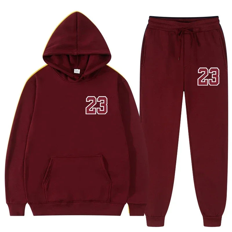 Burgundy hoodie and sweatpants sports set featuring number 23, perfect for workouts and casual wear.