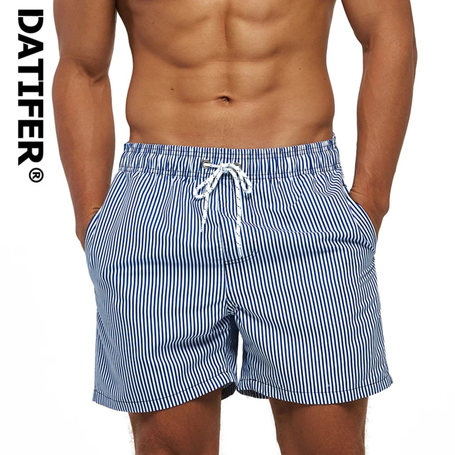 Men's striped beach shorts with elastic waistband, ideal for summer and swimming activities.