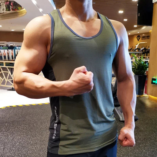Man demonstrating strength in a lightweight sleeveless running gym shirt, ideal for workouts and training.