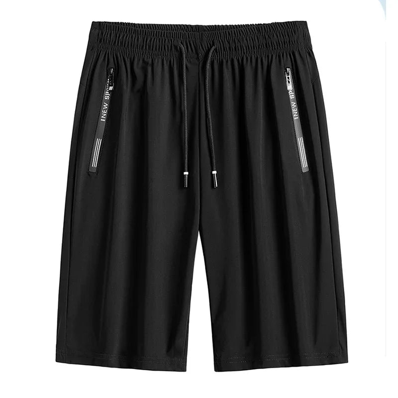Men's plus size black ice silk stretch gym shorts with elastic waistband and zip pockets.