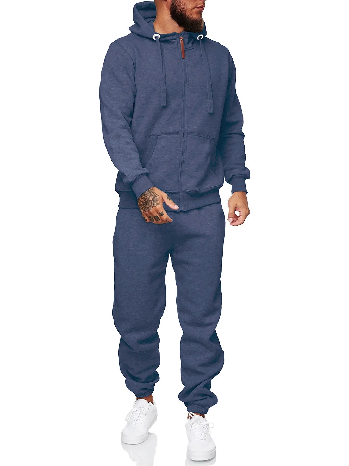 Men's 2-piece tracksuit set with zipper hoodie and jogger pants in navy, perfect for workouts and casual wear.