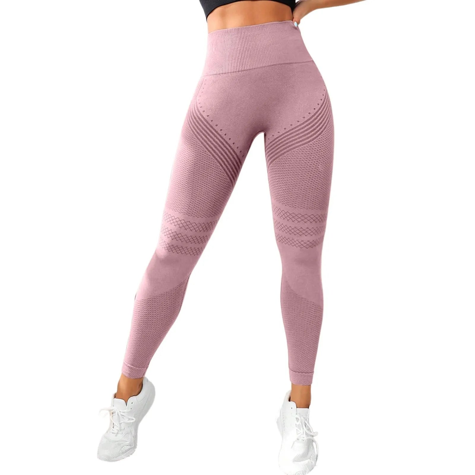 2025 Seamless Hip-Lifting Yoga Pants in soft pink, high-waisted, breathable, designed for performance and style.