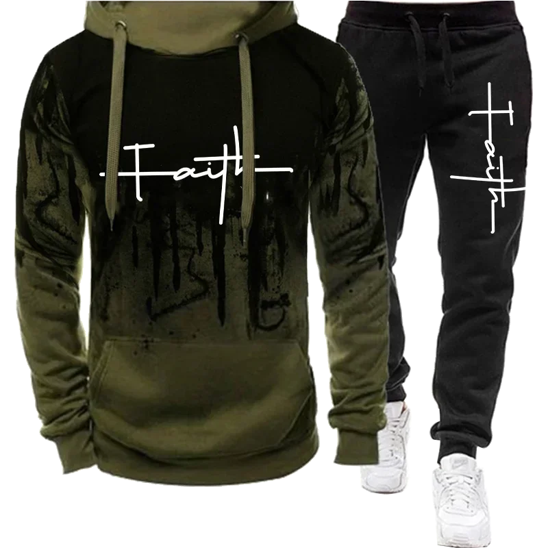 Men's autumn tracksuit featuring a hoodie with bold 'Faith' print and matching jogger pants, perfect for casual style.
