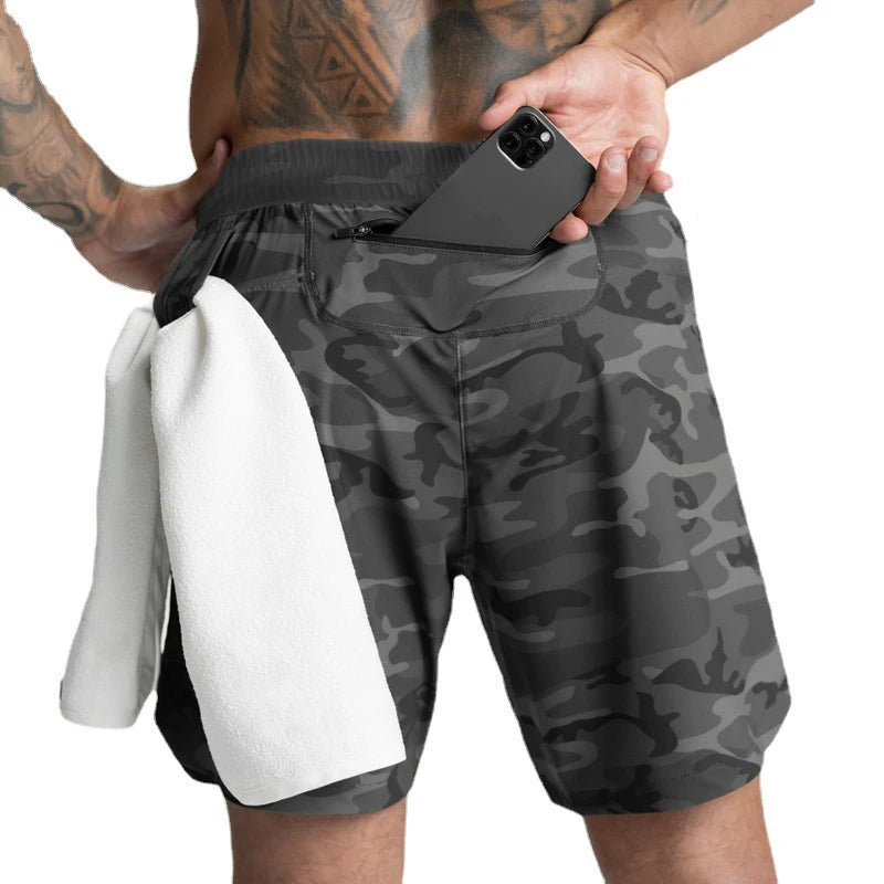 Men's lightweight gym shorts with a camo design, featuring a phone pocket and towel for convenience during workouts.