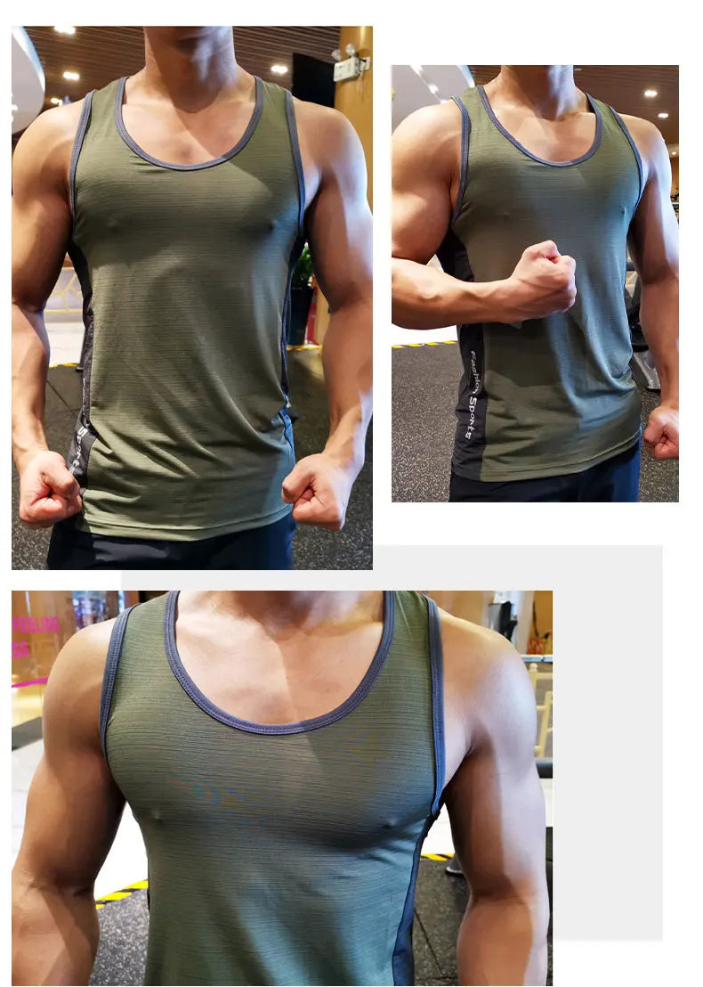 Men's lightweight sleeveless running gym shirt in olive green, perfect for workouts and breathability.