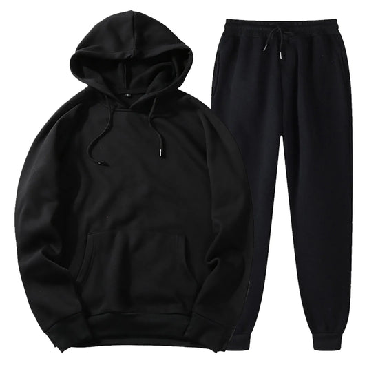 Men's black oversized hoodie tracksuit set featuring soft cotton-polyester blend perfect for workouts or lounging.