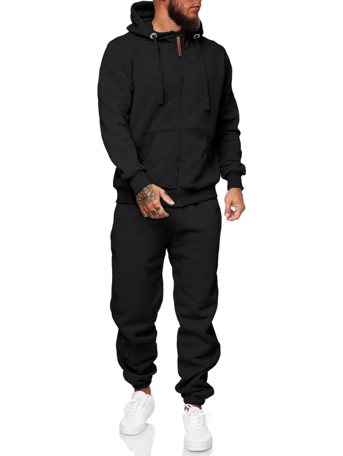 Men's 2-piece black tracksuit set featuring zip-up hoodie and jogger pants, perfect for workouts or casual outings.