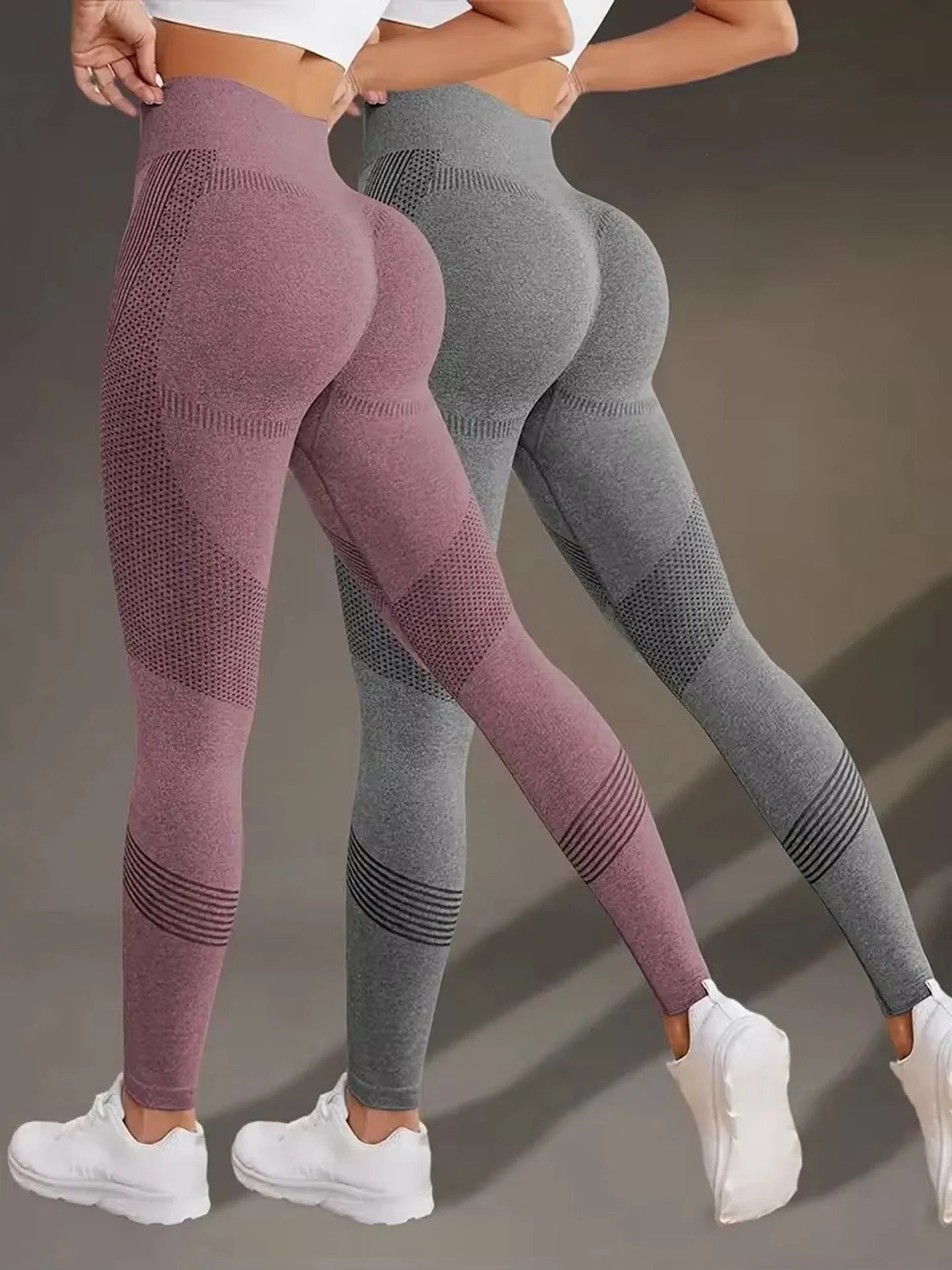 Seamless Butt-Lift High Waist Leggings for women, designed for fitness, yoga, and stylish workouts in pink and gray.