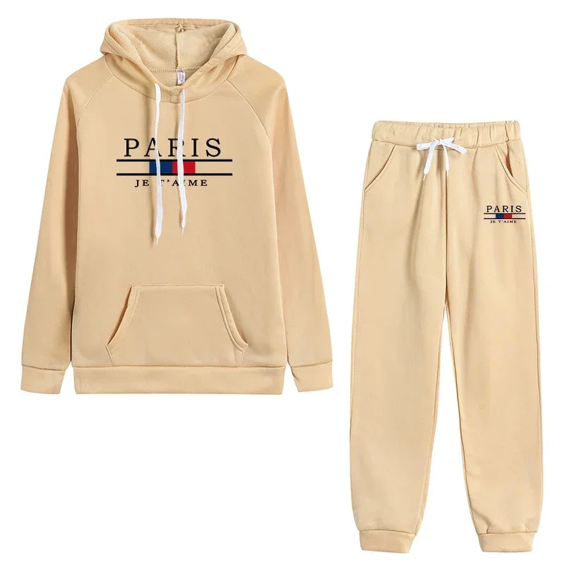 Beige Casual Sports Jogging Suit featuring a hooded sweatshirt and matching pants with Paris logo, perfect for workouts and lounging.