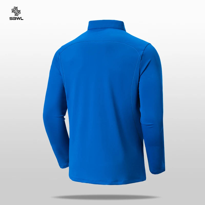 Back view of Men’s Speed-Dry Long Sleeve Fitness Top in blue, designed for comfort and performance during workouts.