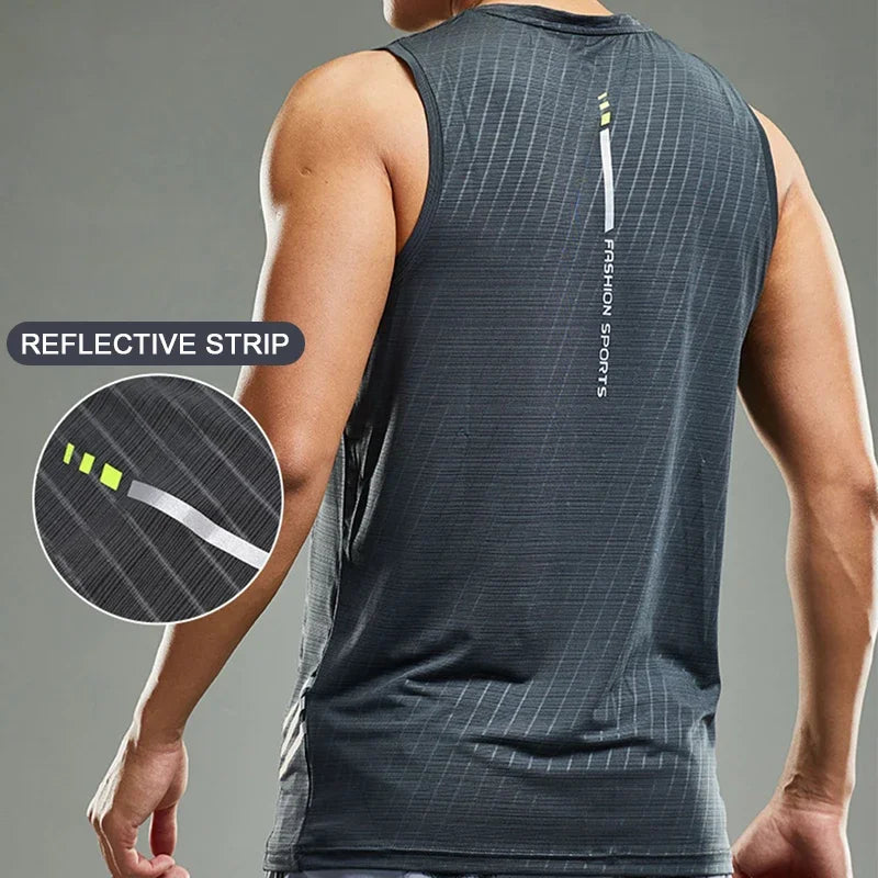 Men's Ice Silk Running Tank Top featuring a reflective strip for visibility during workouts.