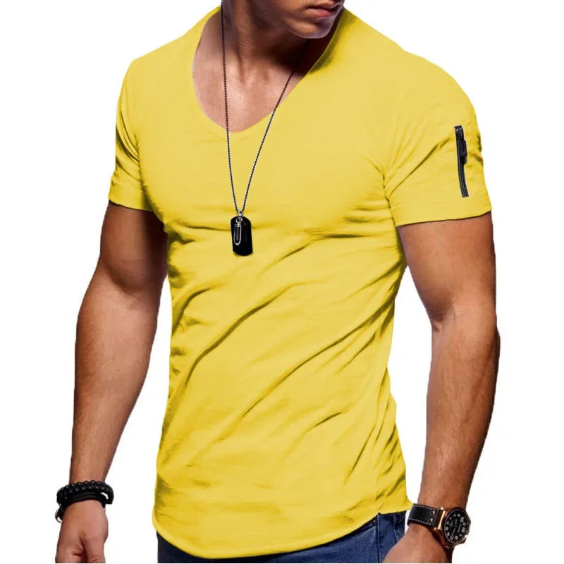 Men's yellow V-neck T-shirt with short sleeves and zipper detail, perfect for casual or sporty wear.