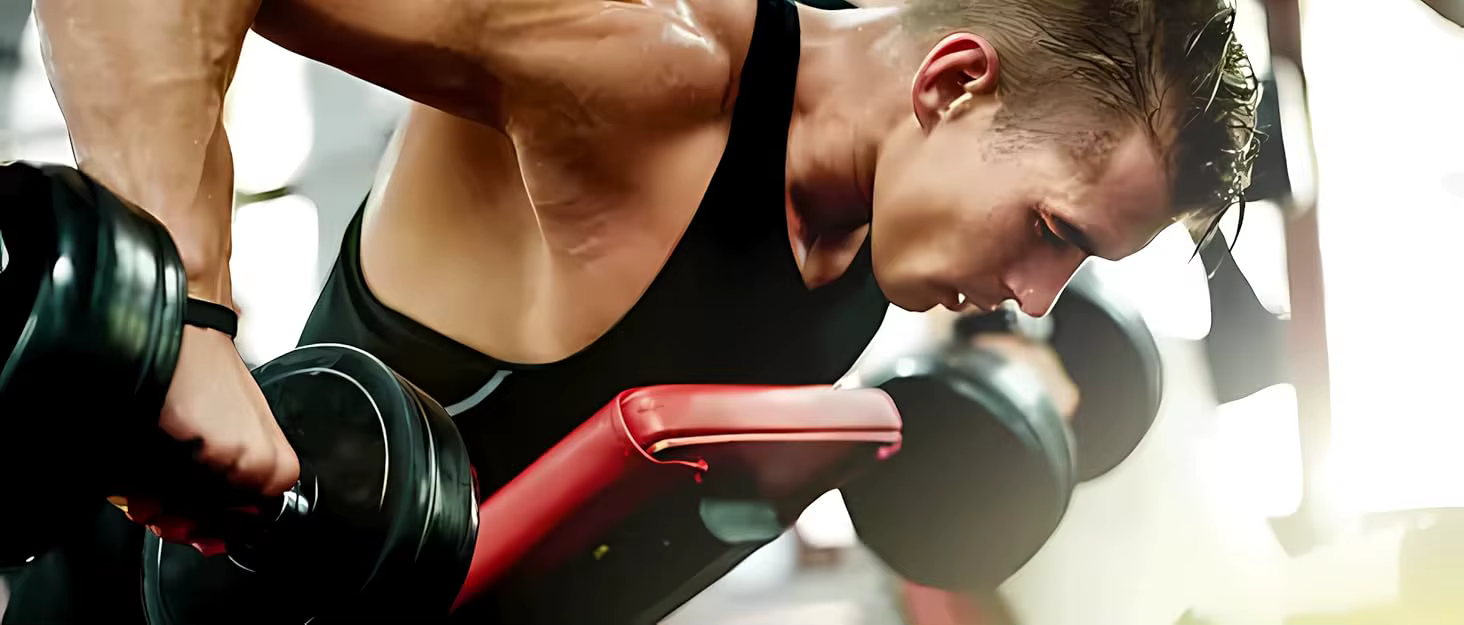 Man in sleeveless shirt performing dumbbell rows at the gym, showcasing fitness and strength training.
