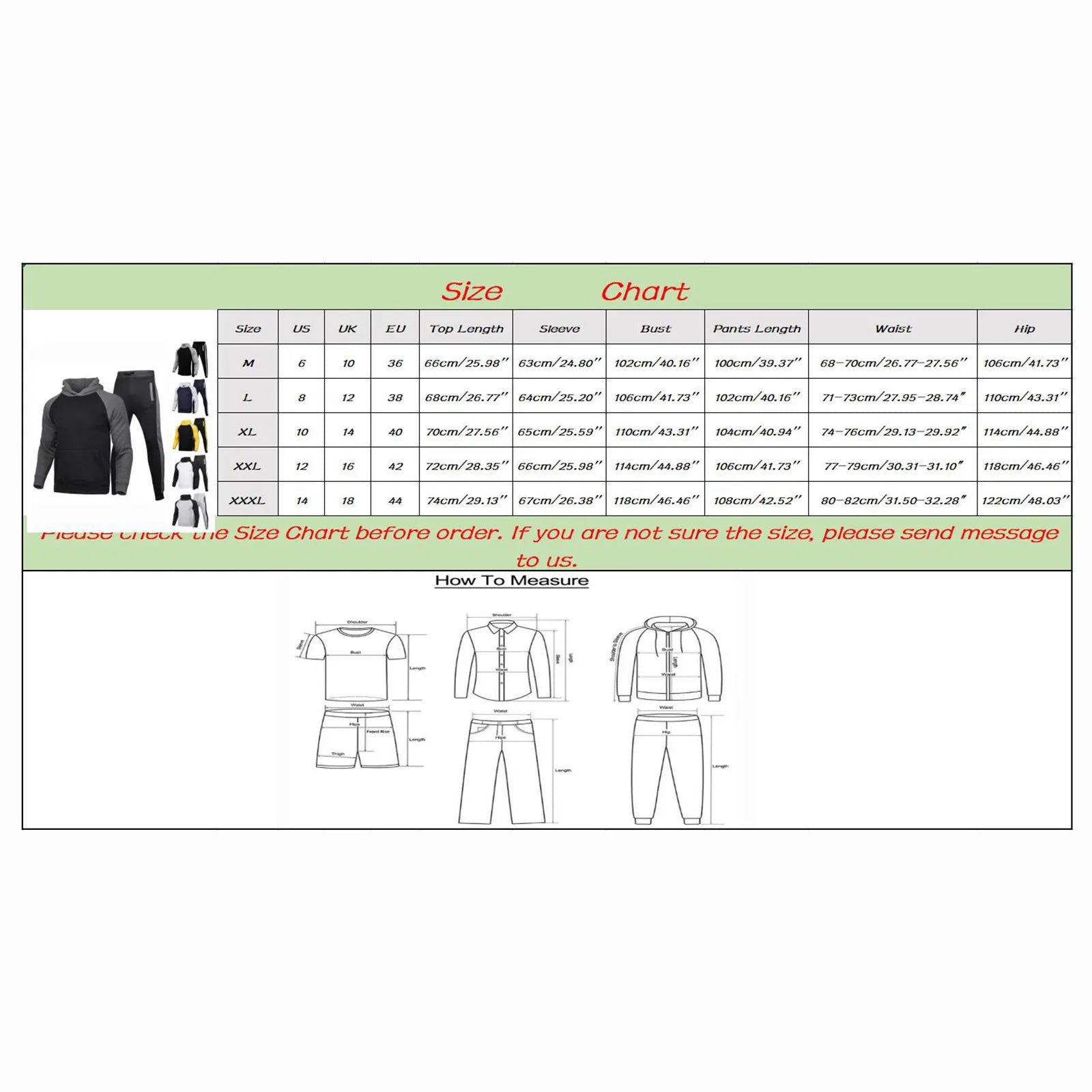 Size chart for Hoodies 2 Piece Set, including measurements and sizing guide for optimal fit.