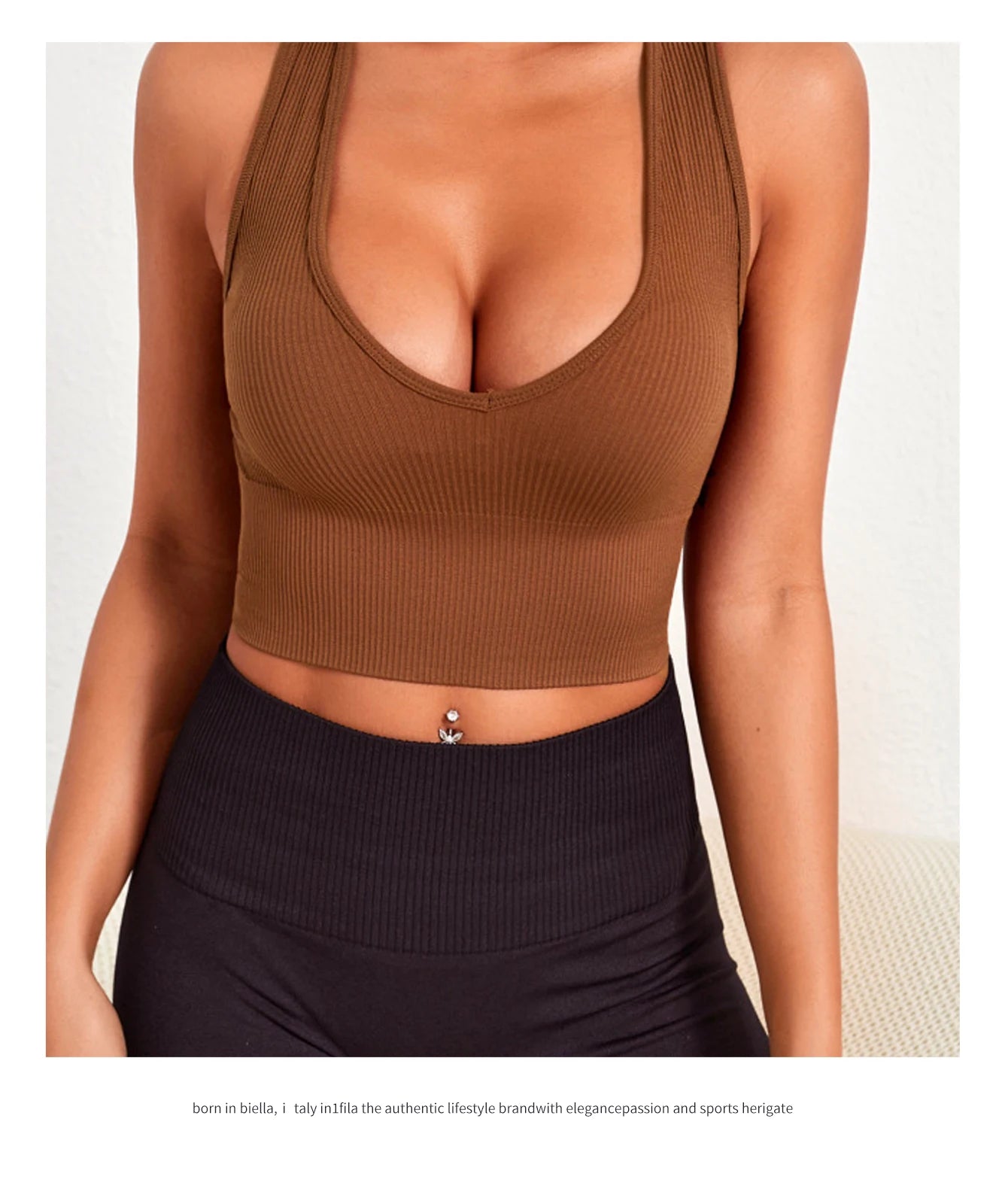 Seamless ribbed yoga vest in brown, designed for style and comfort during workouts with a breathable, stretchy fabric.