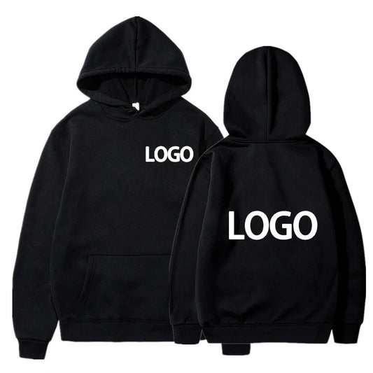 Custom logo unisex pullover hoodie in black with logo print on front and back, ideal for branding and personalization.