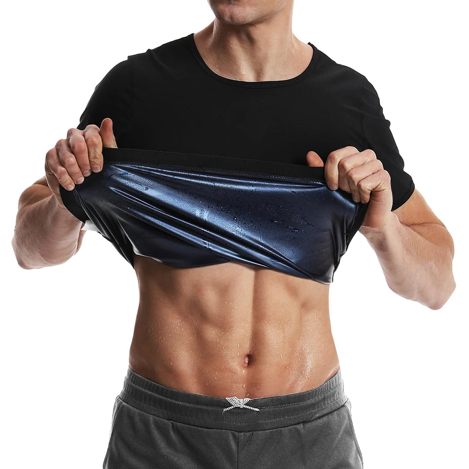 Man revealing sweat from Men's Sauna Sweat Vest, showcasing sculpted abs and heat-trapping fabric for intense workouts.