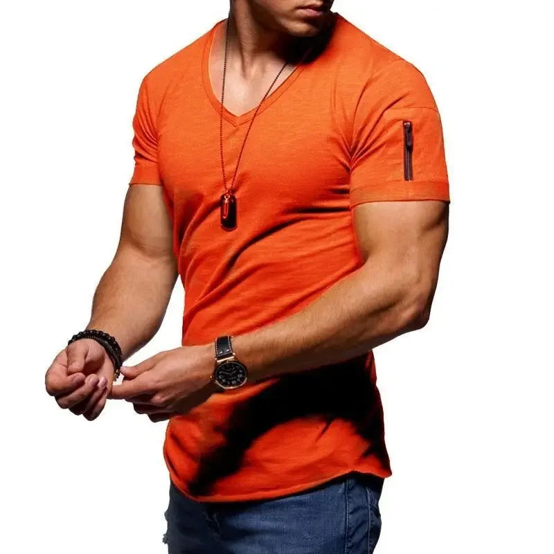 2025 Men's V-Neck Quick-Dry Running T-Shirt in orange with short sleeves and pocket detail, perfect for athletic performance.