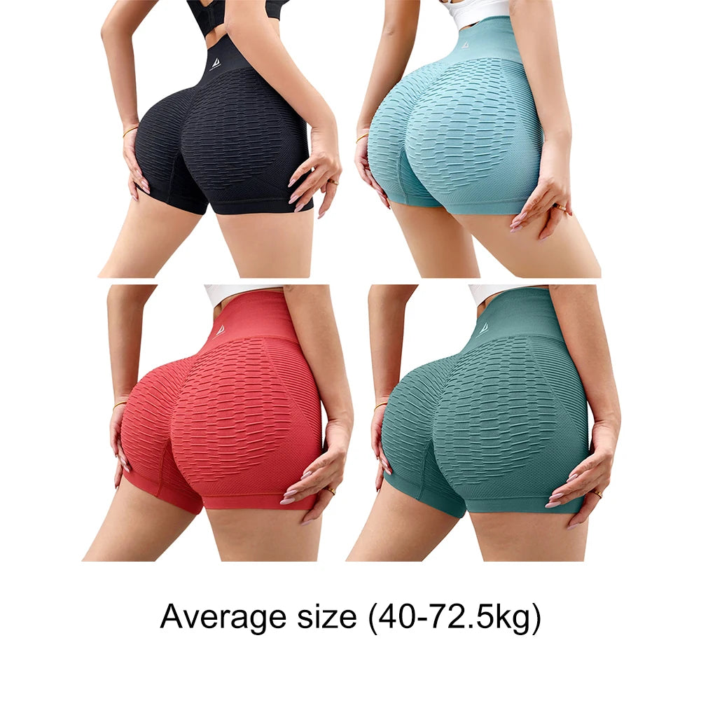 Women's high-waist workout shorts in black, teal, red, and green, showcasing flattering fit and design. Average size (40-72.5kg).