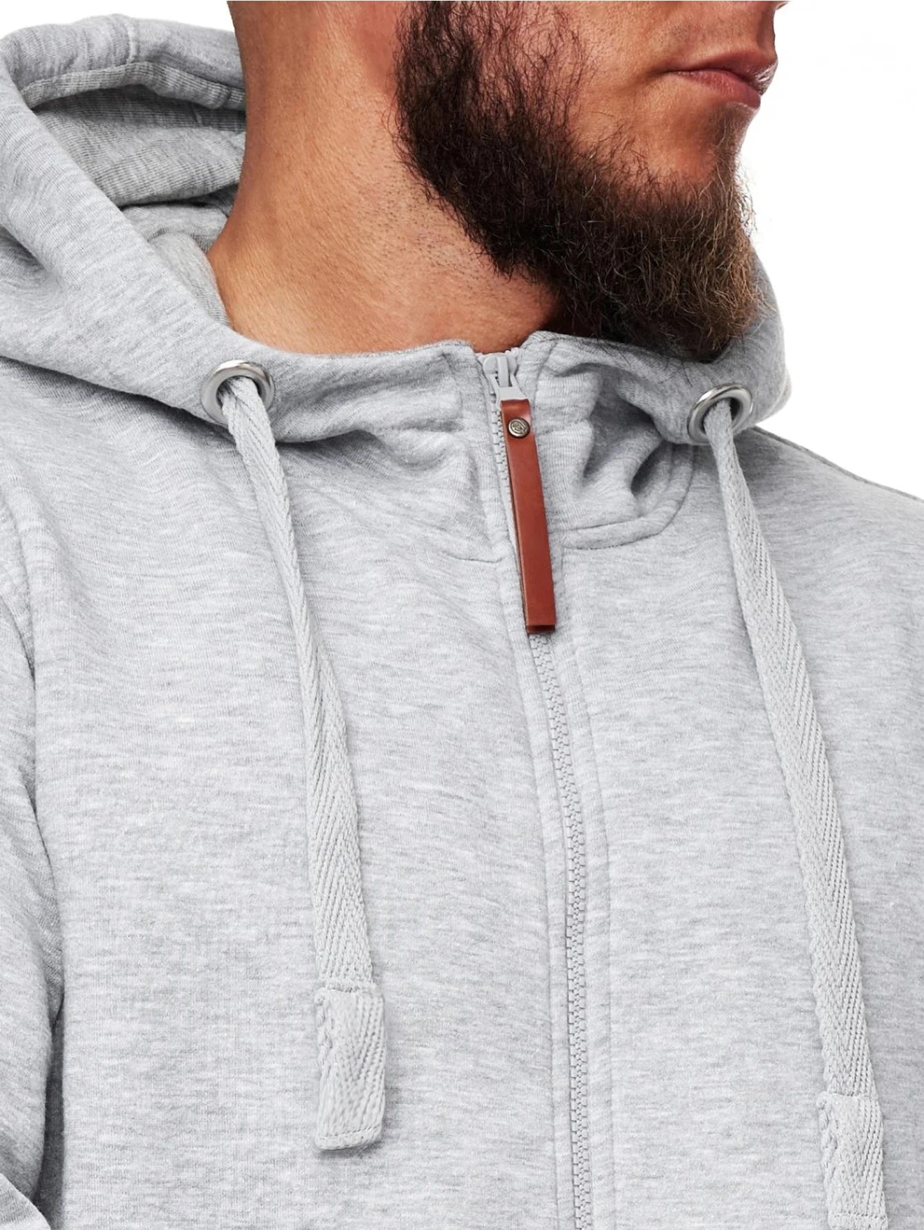 Men's grey zip-up hoodie featuring drawstrings and stylish leather zipper pull for athletic and casual wear.