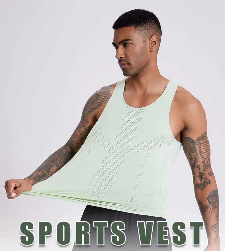 Men's lightweight green sports vest showcasing breathable design for workouts and training.