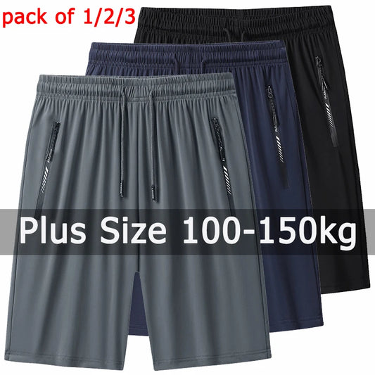 Men's plus size gym shorts, 100-150kg, pack of 1/2/3, breathable material, versatile for workouts and casual wear.