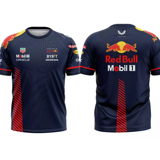 2025 Men’s Quick-Dry Racing Style T-Shirt in blue with Red Bull logos and F1-inspired design.