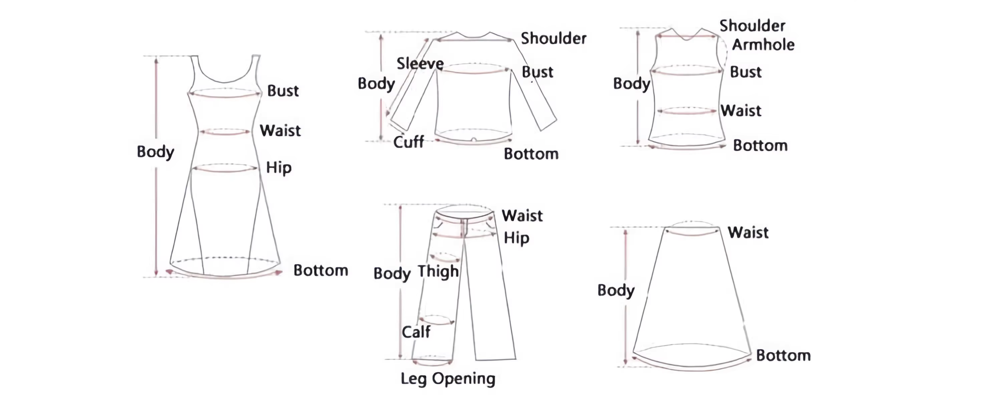 Measurement guide for clothing including body, bust, waist, hip, thigh, and leg opening dimensions.