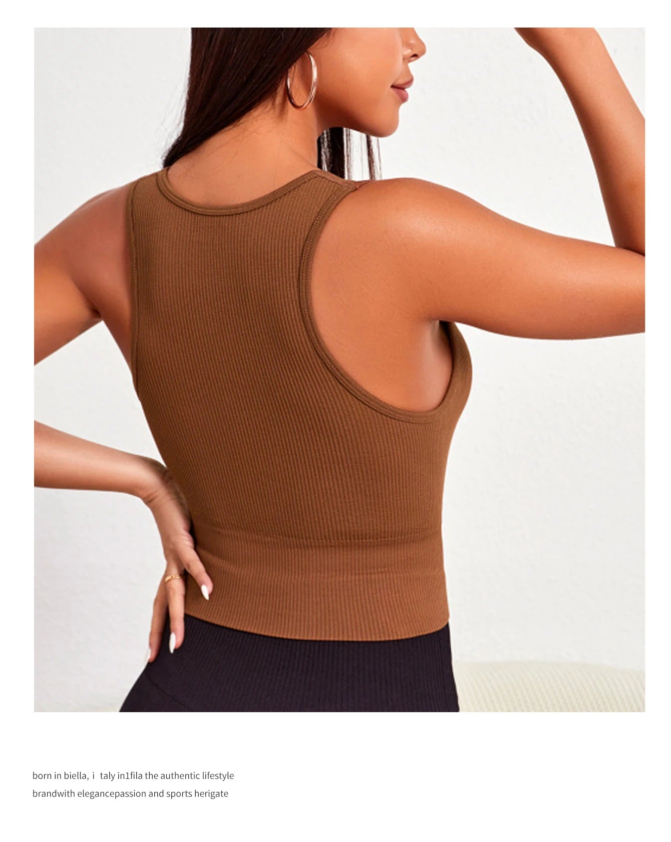 Back view of a woman wearing a seamless ribbed yoga vest, showcasing its style and comfort for activewear.
