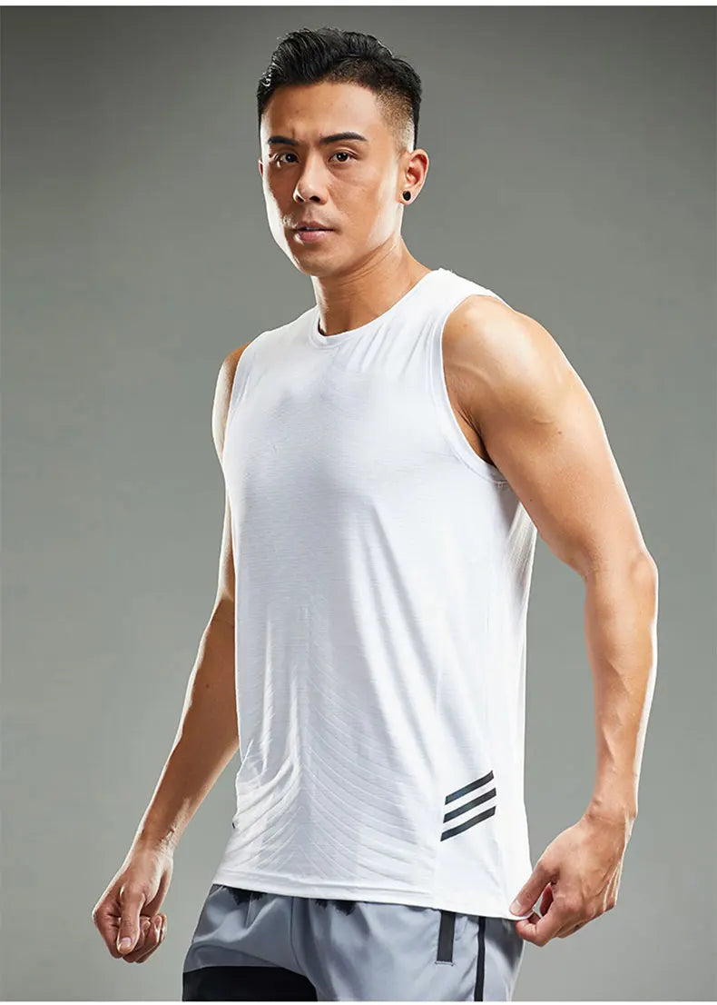 Men's Ice Silk Running Tank Top in white, featuring a lightweight design for gym and outdoor workouts.