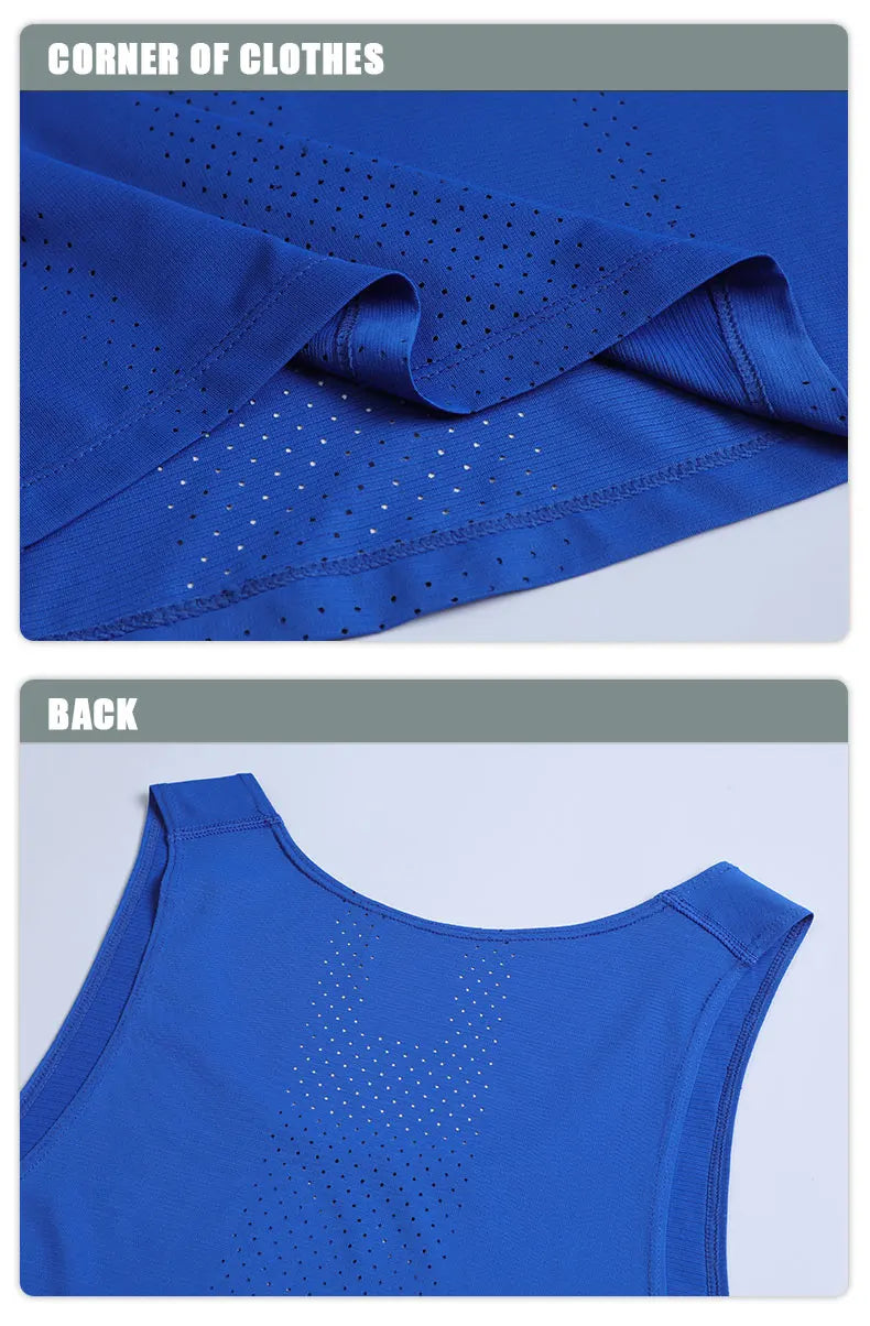 Men's quick-dry sleeveless blue basketball shirt showcasing performance fabric and breathable design.