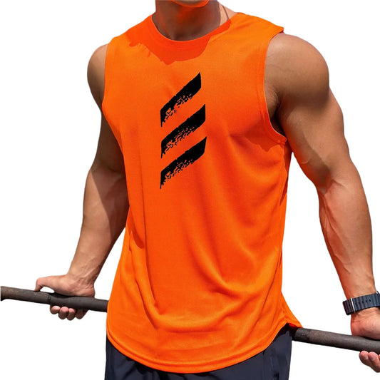 Men's orange quick-dry sleeveless gym tank top, perfect for summer workouts and optimal mobility.