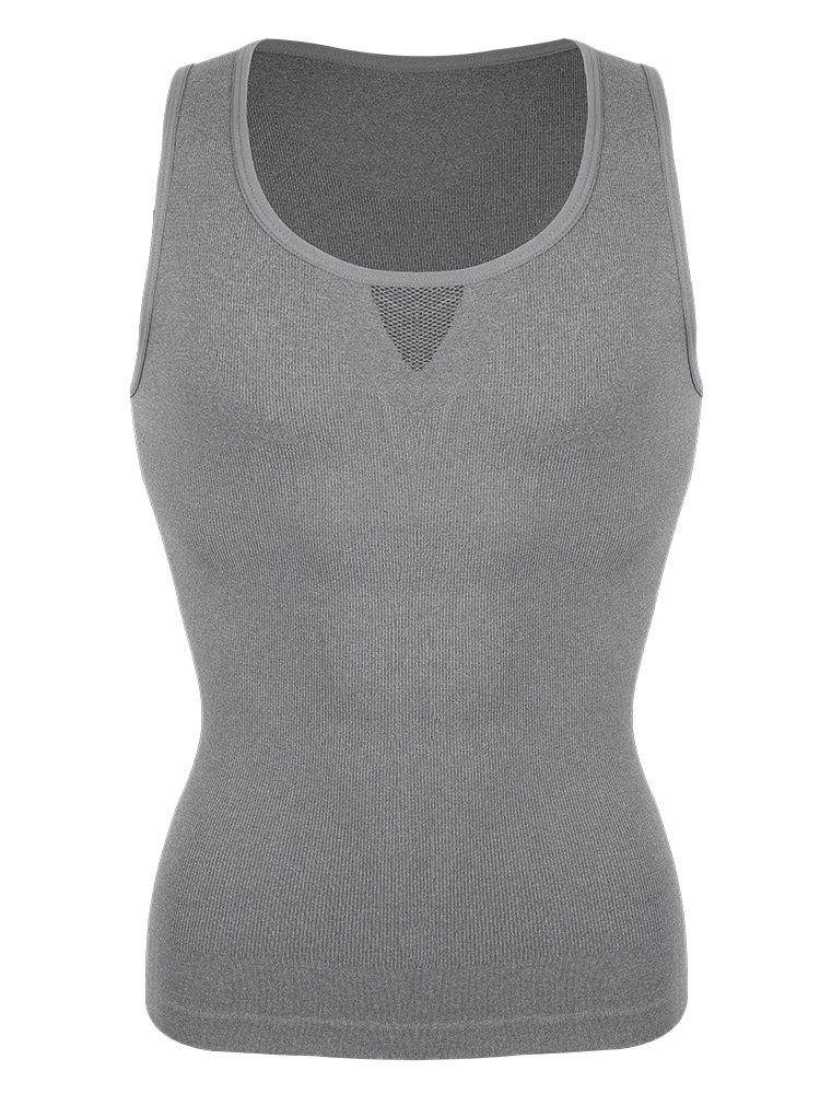 Men's grey muscle compression tank top designed for body shaping and enhanced performance.