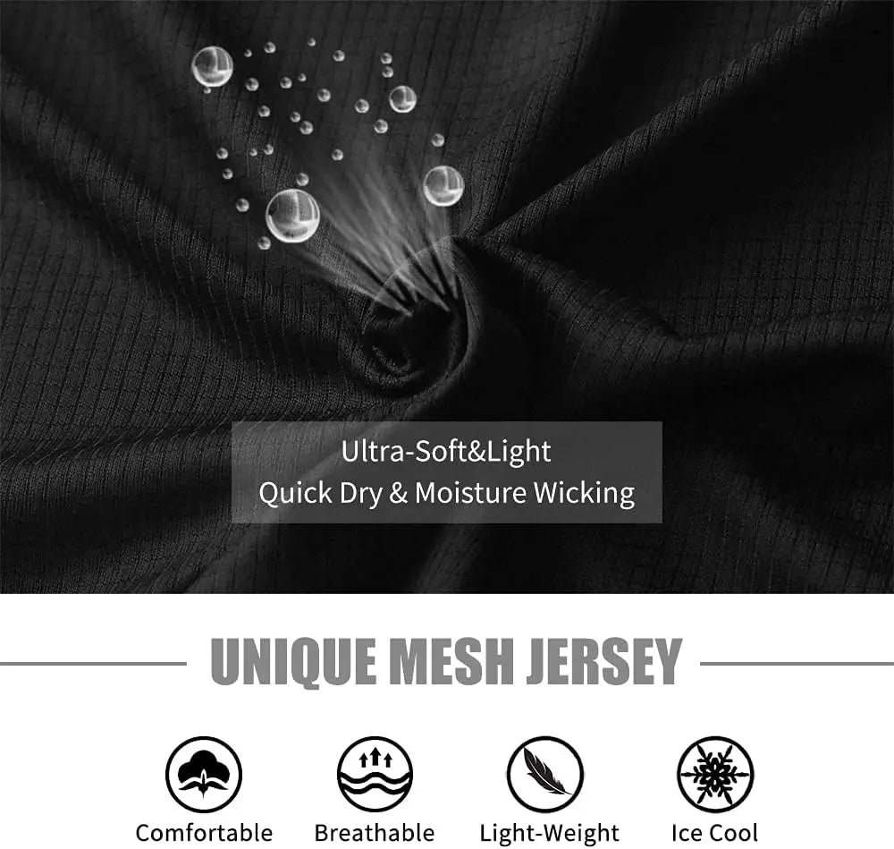 Close-up of breathable mesh jersey fabric showcasing moisture-wicking technology for men's workout shirts.