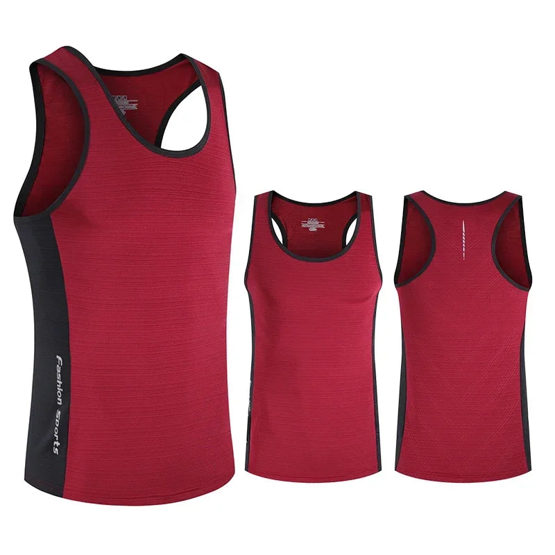 Men’s lightweight sleeveless running gym shirt in red, showcasing front, side, and back views, perfect for workouts.