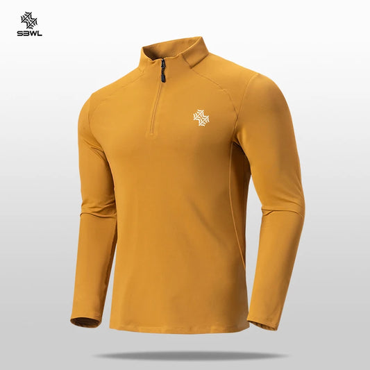 Men's Speed-Dry long sleeve fitness top in mustard color, featuring half-zip, breathable, and sweat-wicking technology.