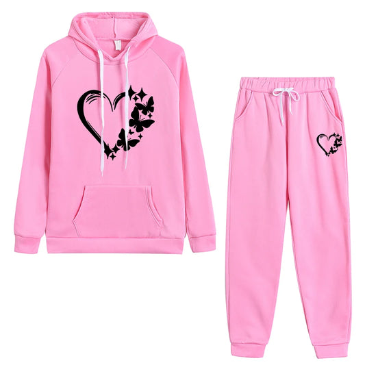 Pink women's casual outfit hoodie set with heart and butterfly design, perfect for athleisure and comfort.