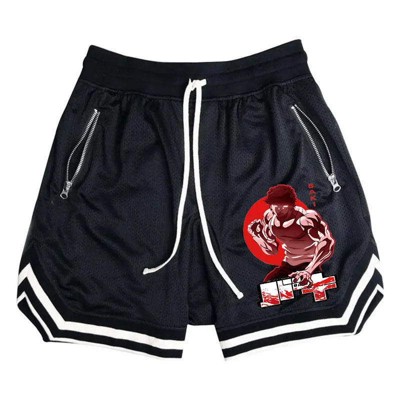 Men's mesh basketball shorts featuring a graphic print, quick-dry fabric, and side zip pockets for activewear.