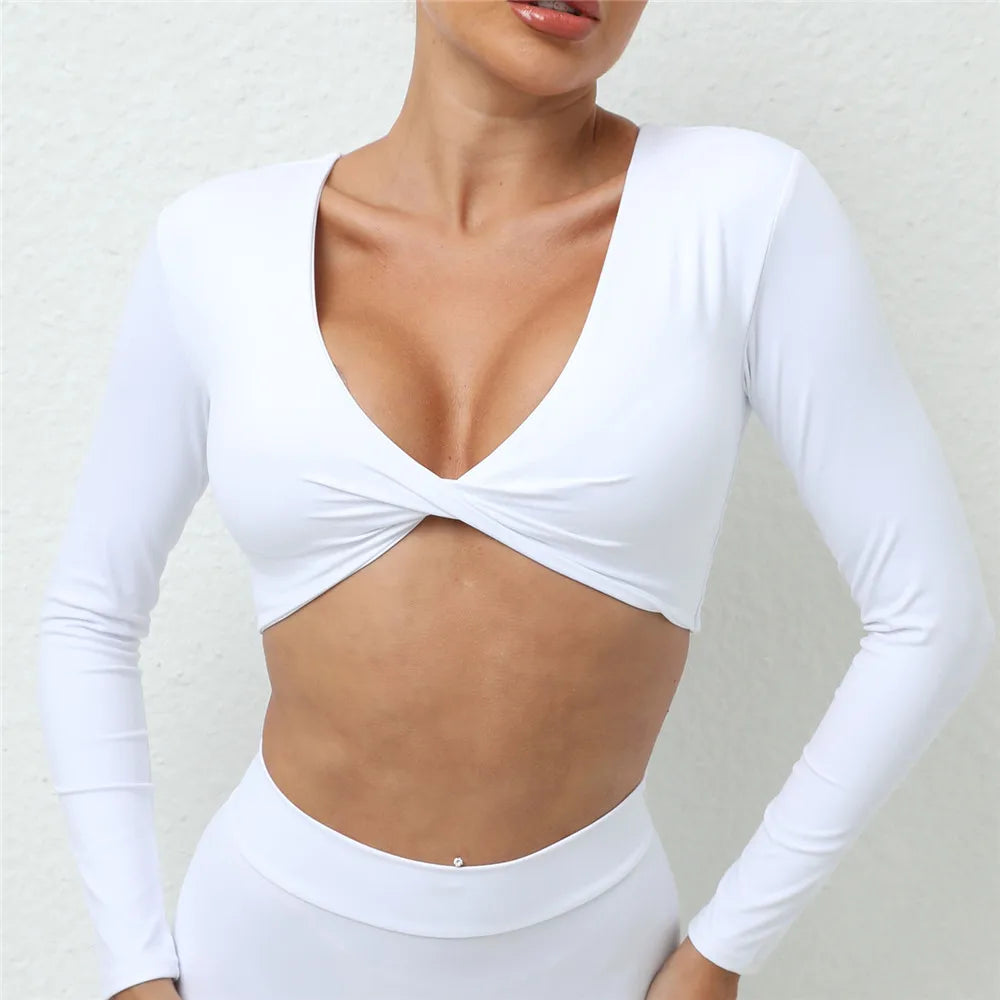 2025 women's short sleeve crop yoga top in white, designed for comfort and movement in workouts.