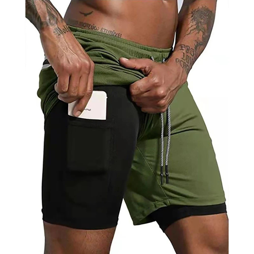 Men's Double-Decker Running Shorts with compression liner and pockets for convenience and comfort during workouts.