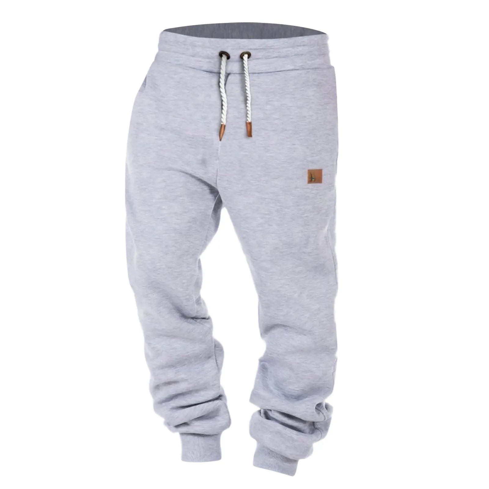 Men's casual training pants in grey with drawstring waistband, ideal for workouts and casual wear.