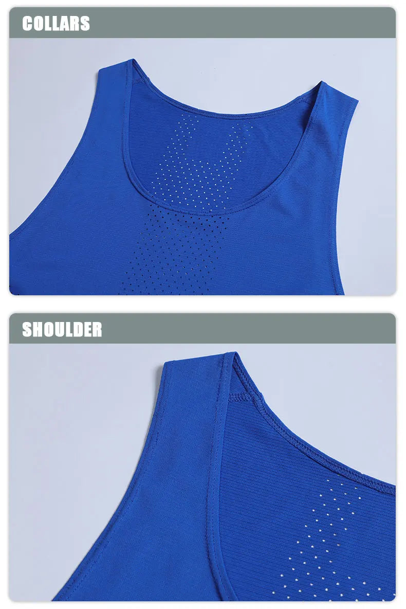 Collar and shoulder details of the blue men's quick-dry sleeveless basketball workout shirt.