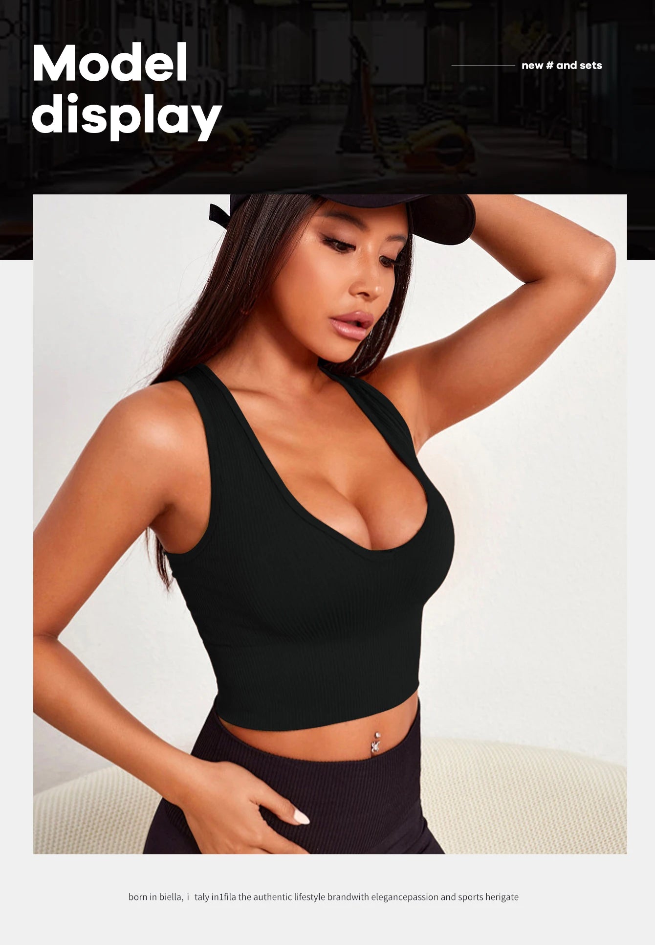 Model wearing a seamless ribbed yoga vest, showcasing comfort and style in activewear for workouts.