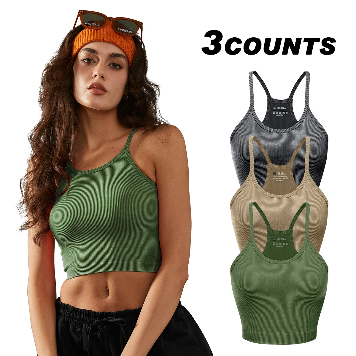 2025 Seamless Push-Up Yoga Sports Top in green, grey, and beige - sleeveless style and comfortable fit.