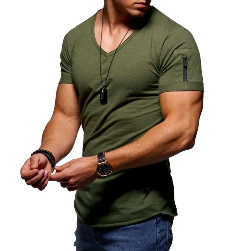 2025 Men's V-Neck Quick-Dry Running T-Shirt in olive green, featuring short sleeves and sporty pocket design.