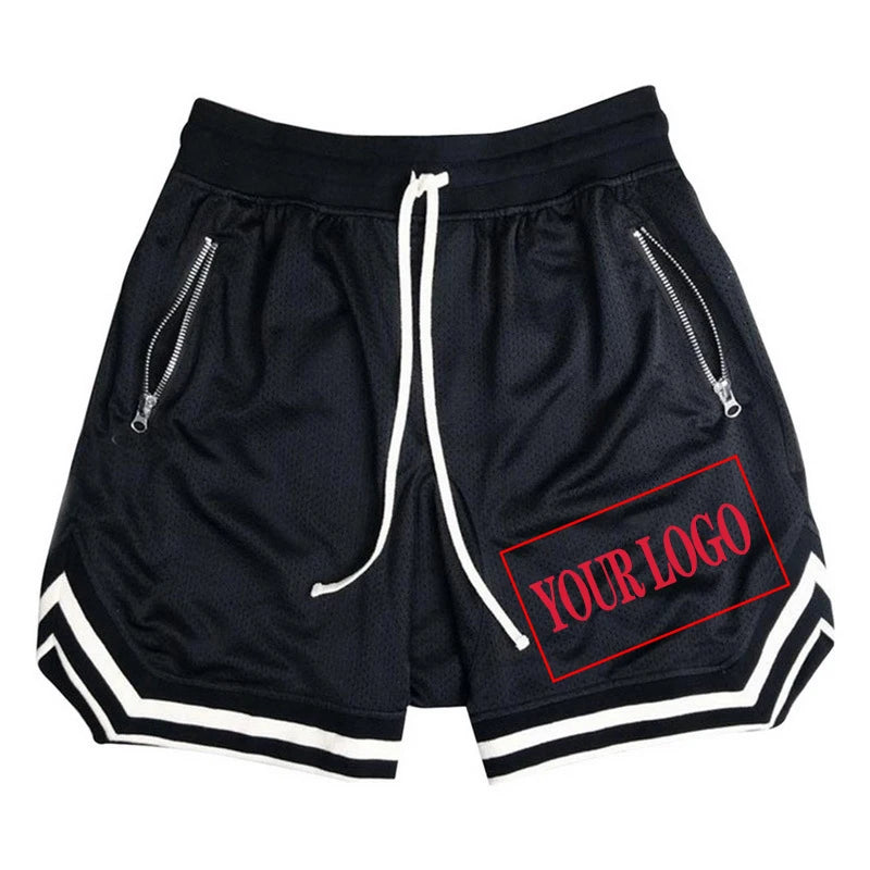 Men's black mesh basketball shorts with zipper pockets and customizable logo area, designed for comfort and breathability.