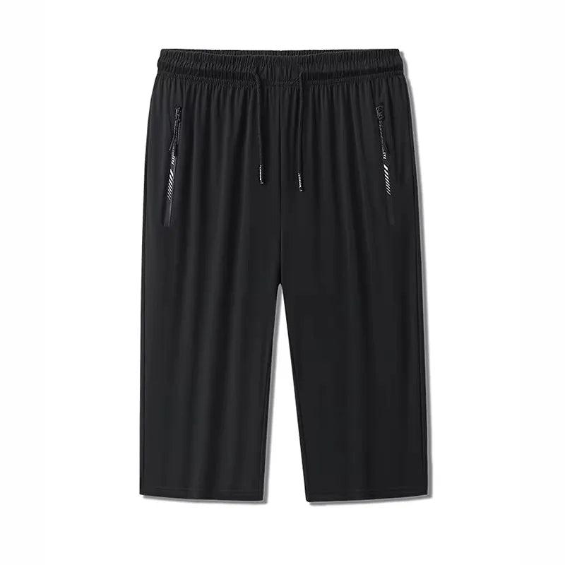Men's Plus Size Ice Silk Stretch Gym Shorts in black with elastic waistband and side pockets.