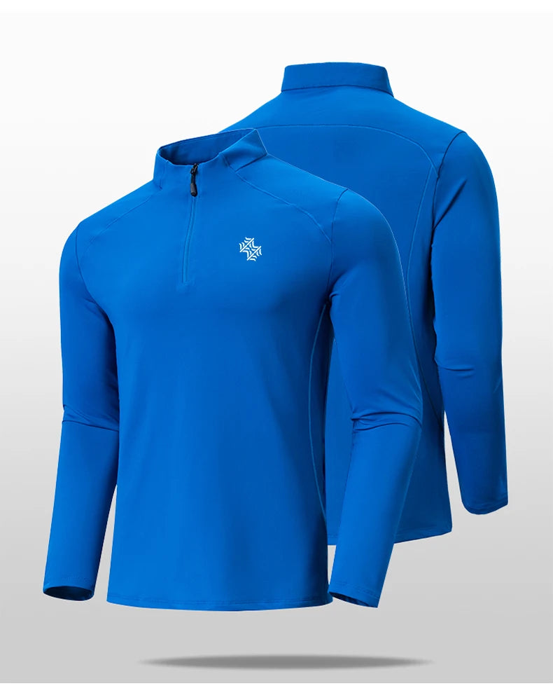 Men's Speed-Dry Long Sleeve Fitness Top in blue with zip collar, perfect for workouts and outdoor activities.