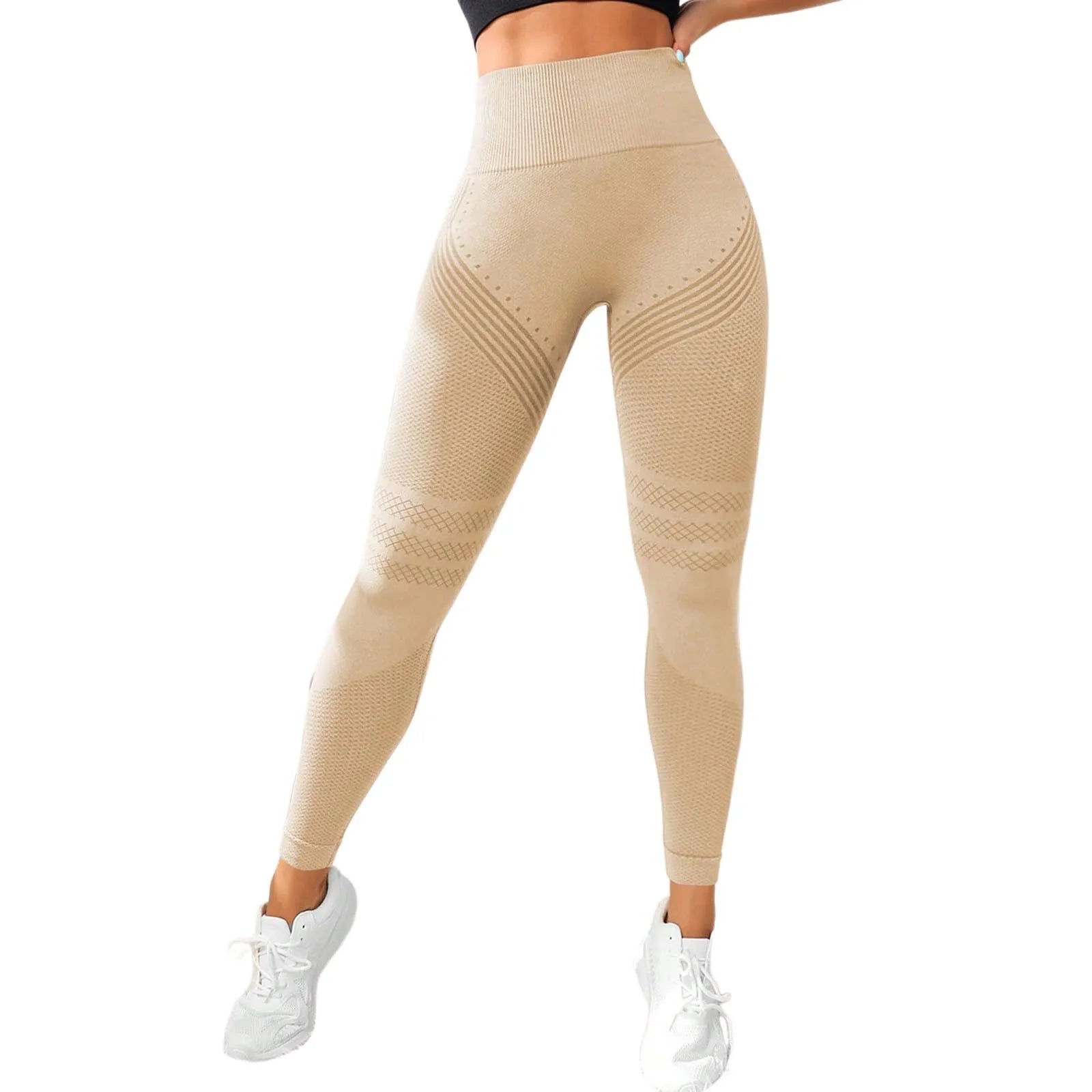 2025 Seamless Hip-Lifting Yoga Pants in beige, high-waisted and designed for performance and comfort in the gym.