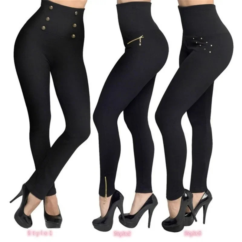 Stylish black high waist leggings with zippered and button details, ideal for workouts and casual wear.